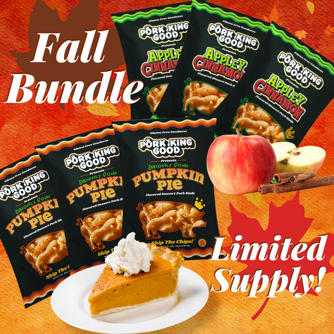 Pork King Good 6 Pack Fall Bundle! 3 Bags Each 3 oz Pumpkin Pie and Appley Cinnamon Pork Rinds (Limited Supply)