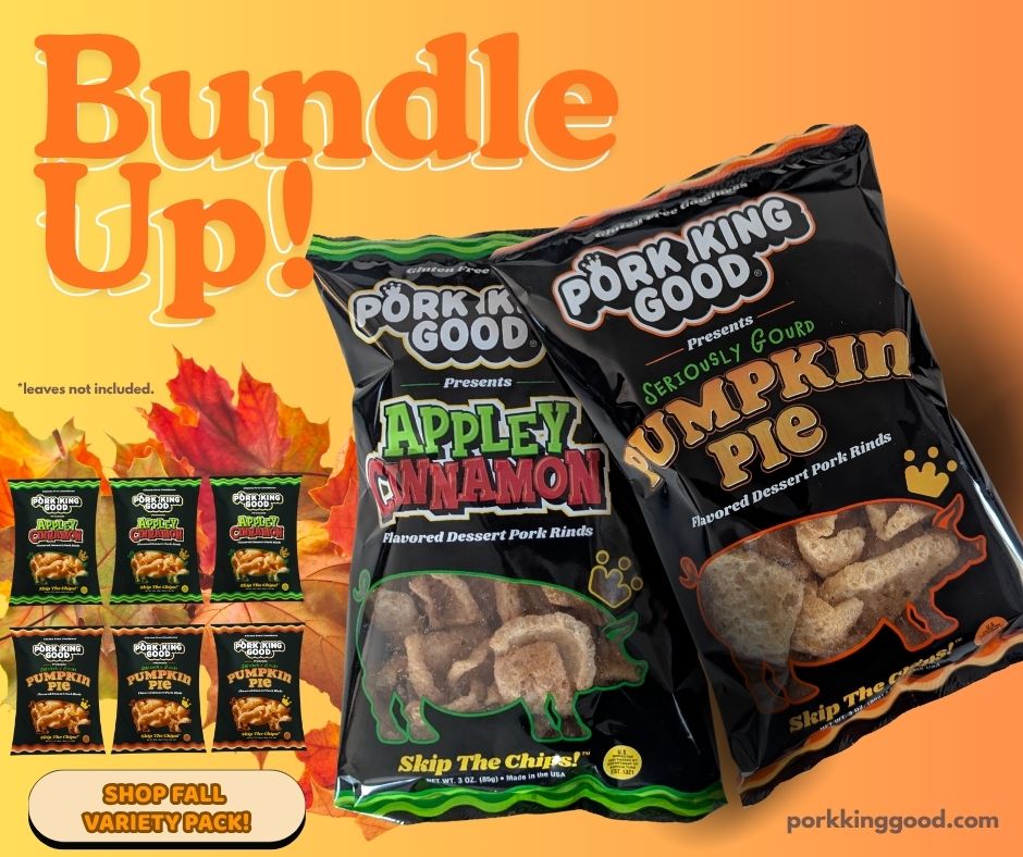Pork King Good 6 Pack Fall Bundle! 3 Bags Each 3 oz Pumpkin Pie and Appley Cinnamon Pork Rinds (Limited Supply)