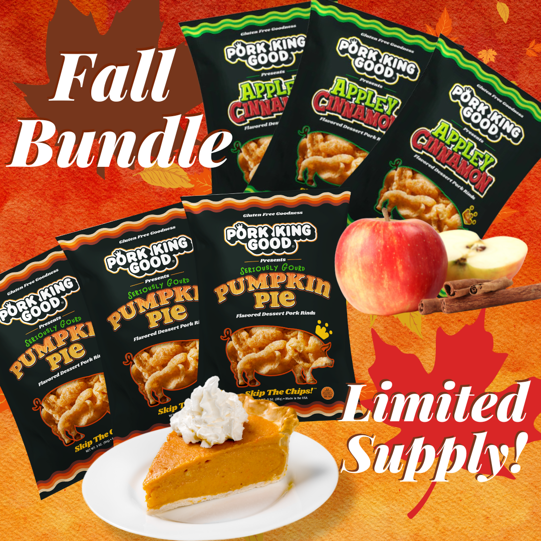 Pork King Good 6 Pack Fall Bundle!  3 Bags Each 3 oz Pumpkin Pie  and Appley Cinnamon Pork Rinds (Limited Supply)