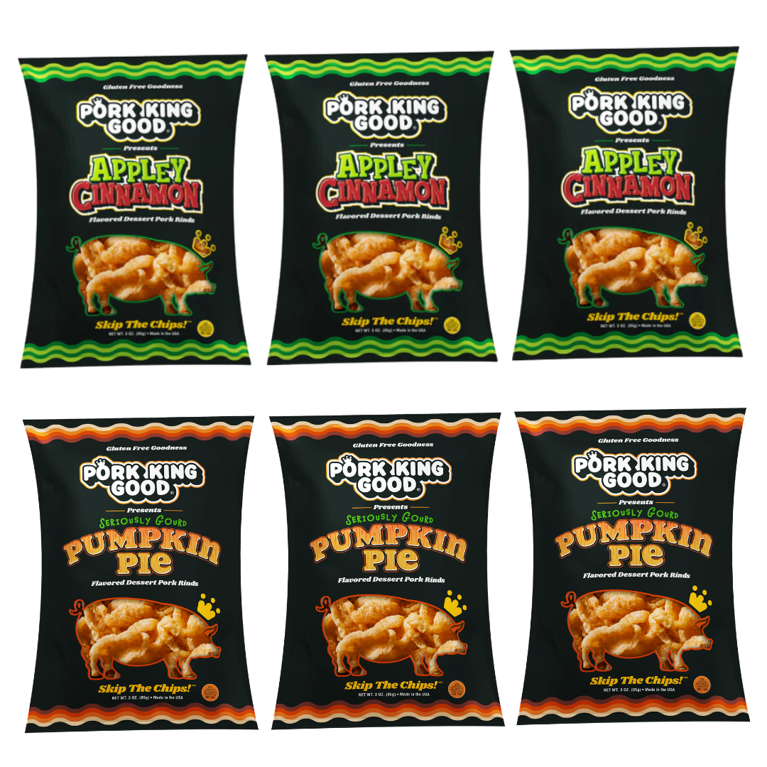 Pork King Good 6 Pack Fall Bundle!  3 Bags Each 3 oz Pumpkin Pie  and Appley Cinnamon Pork Rinds (Limited Supply)