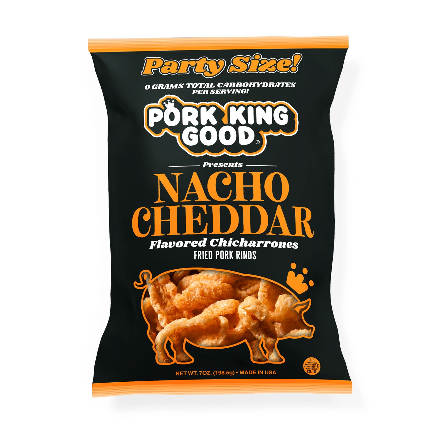 Pork King Good Nacho Cheddar Pork Rinds 7oz Party Size Bags