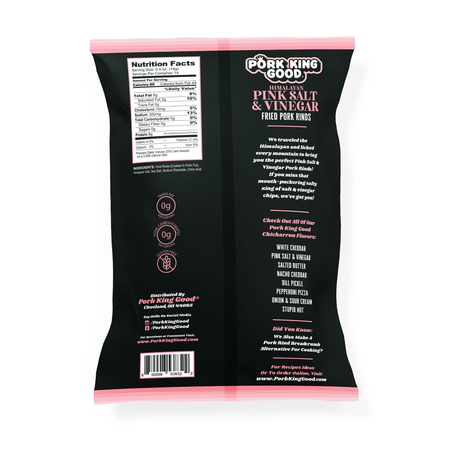 Pork King Good Himalayan Pink Salt & Vinegar Pork Rinds 7oz Party Size Bags